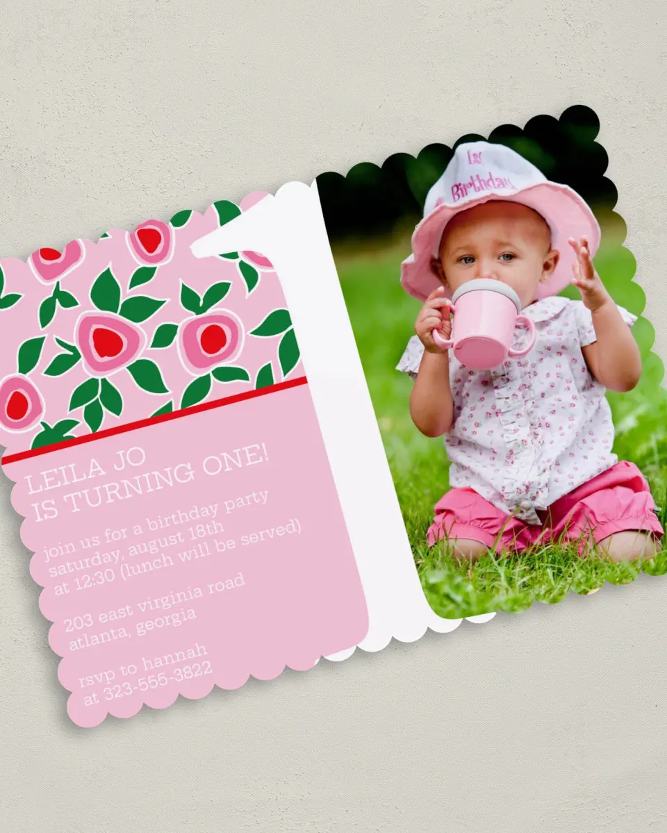 This is a 5" x 7" Birthday Party Invitation called Strawberries and Shortcakes printed in full color on Premium Smooth paper