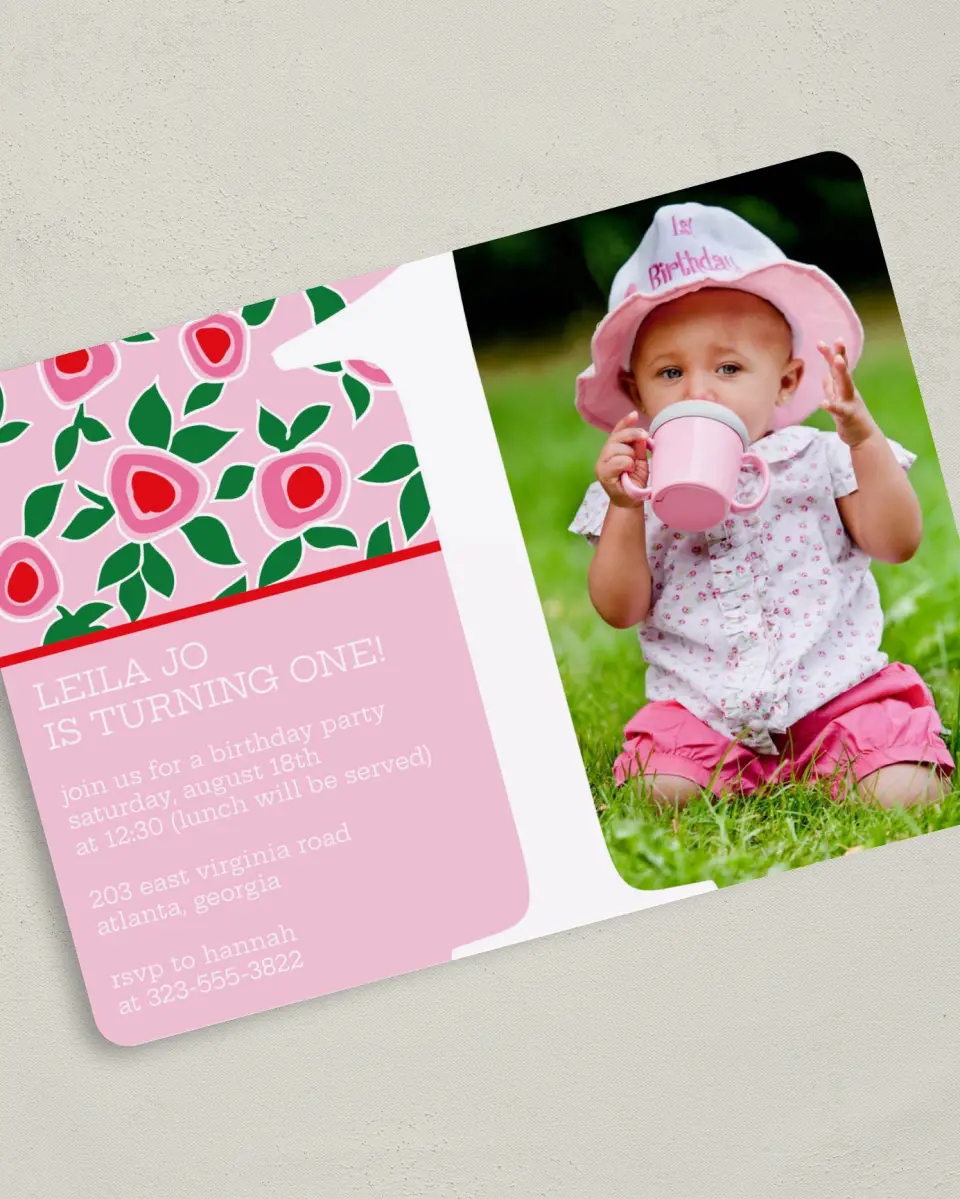 This is a 5" x 7" Birthday Party Invitation called Strawberries and Shortcakes printed in full color on Premium Smooth paper