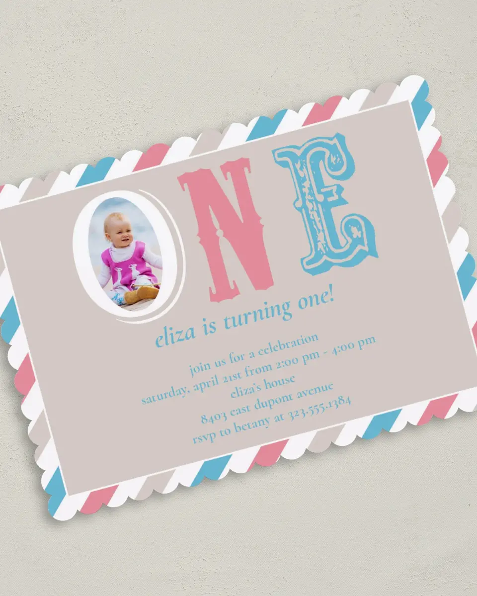 This is a 5" x 7" Birthday Party Invitation called Baby Turning One printed in full color on Premium Smooth paper