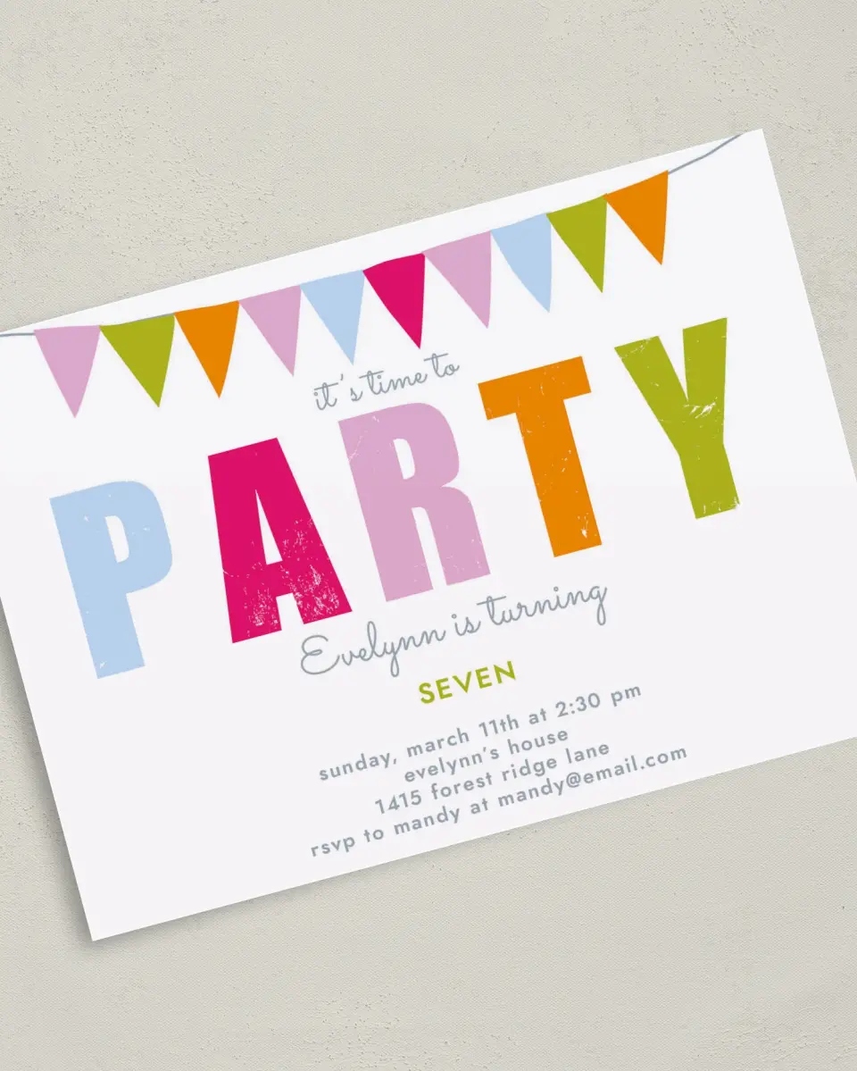 This is a 5" x 7" Birthday Party Invitation called Banners & Bunting printed in full color on Premium Smooth paper