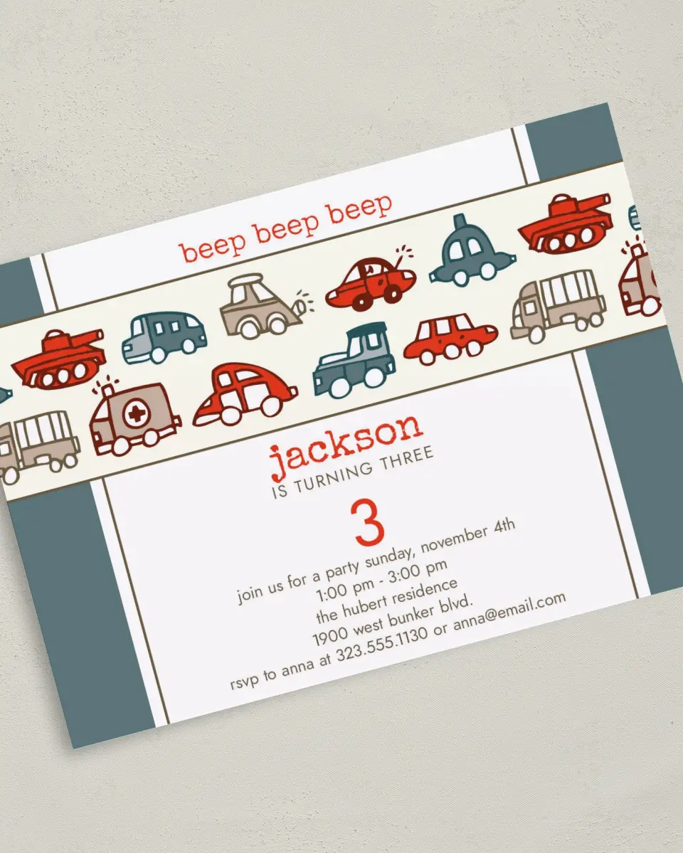 This is a 5" x 7" Birthday Party Invitation called Kids and Cars printed in full color on Premium Smooth paper