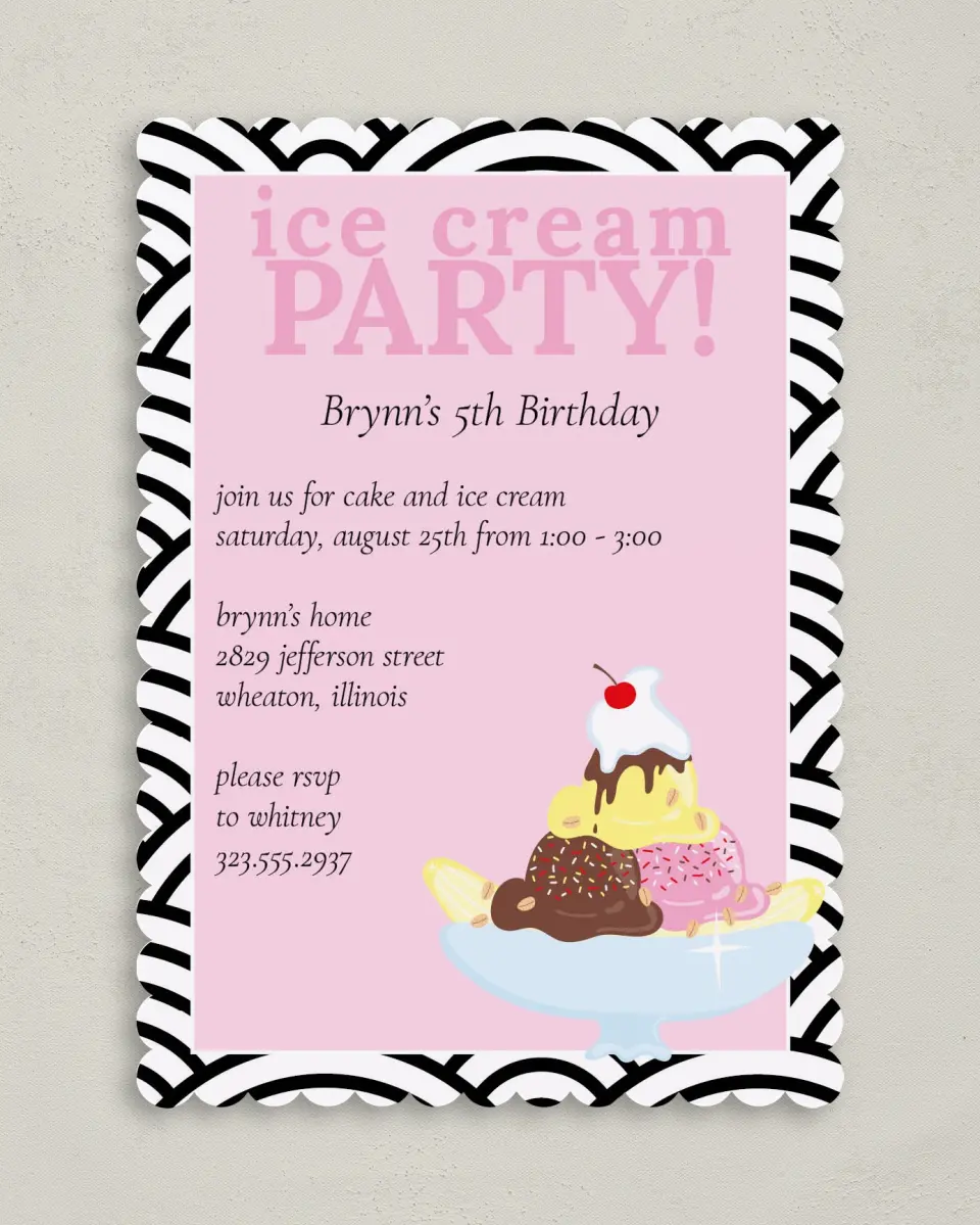 This is a 5" x 7" Birthday Party Invitation called Sundae Fun Day printed in full color on Premium Smooth paper