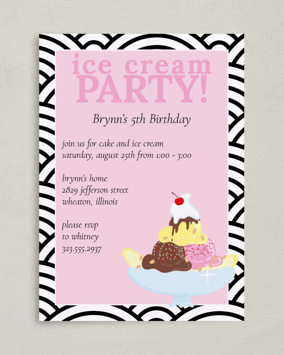 This is a 5" x 7" Birthday Party Invitation called Sundae Fun Day printed in full color on Premium Smooth paper