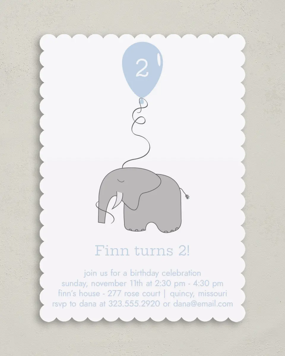 This is a 5" x 7" Birthday Party Invitation called Elephant Express printed in full color on Premium Smooth paper