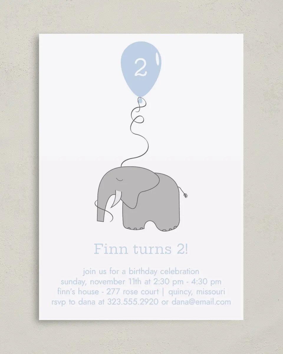 This is a 5" x 7" Birthday Party Invitation called Elephant Express printed in full color on Premium Smooth paper