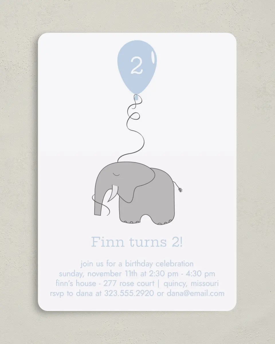 This is a 5" x 7" Birthday Party Invitation called Elephant Express printed in full color on Premium Smooth paper
