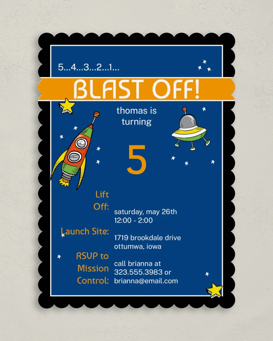 This is a 5" x 7" Birthday Party Invitation called Space Rockets & Saucers printed in full color on Premium Smooth paper