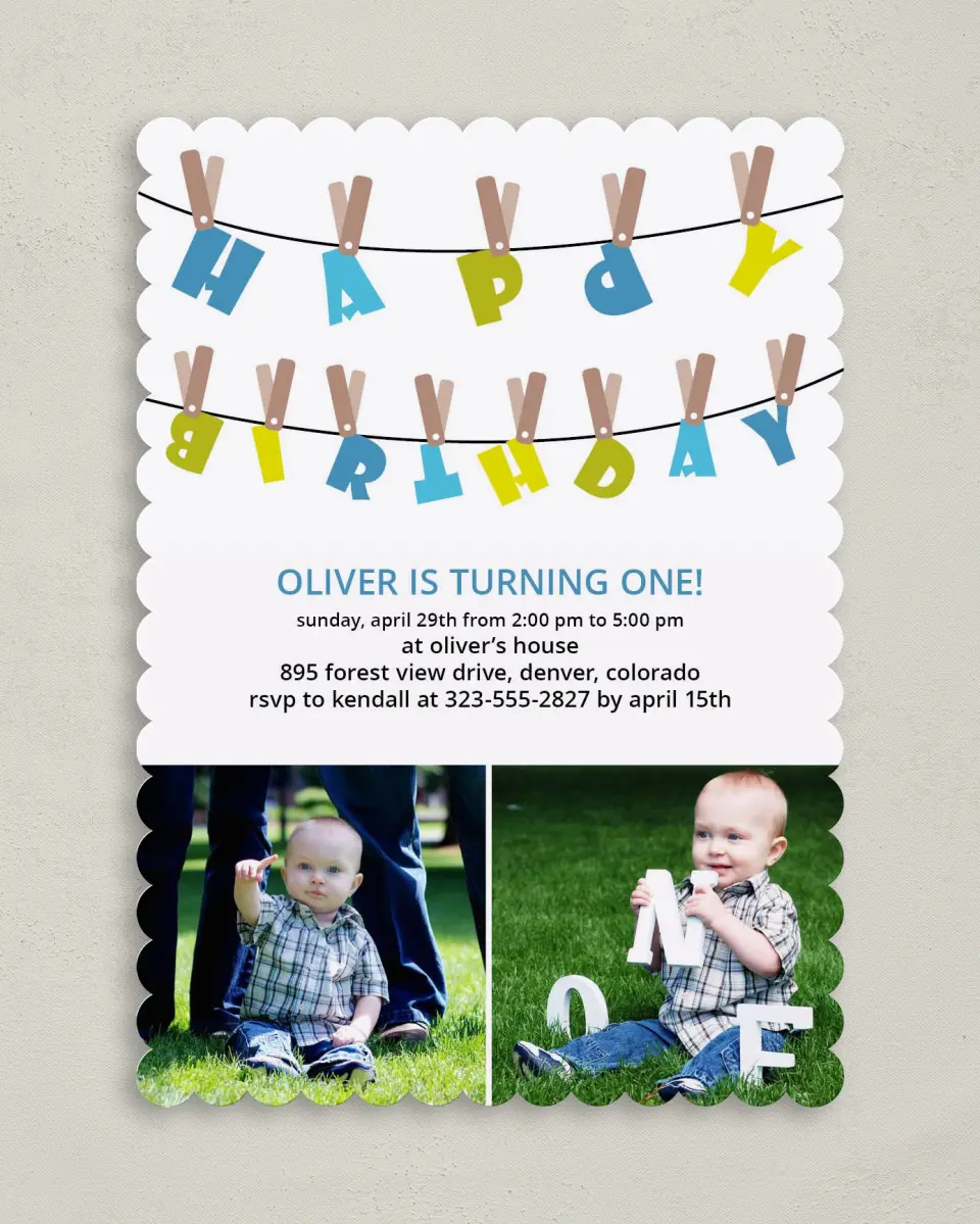 This is a 5" x 7" Birthday Party Invitation called Clothespin Birthday Tags printed in full color on Premium Smooth paper