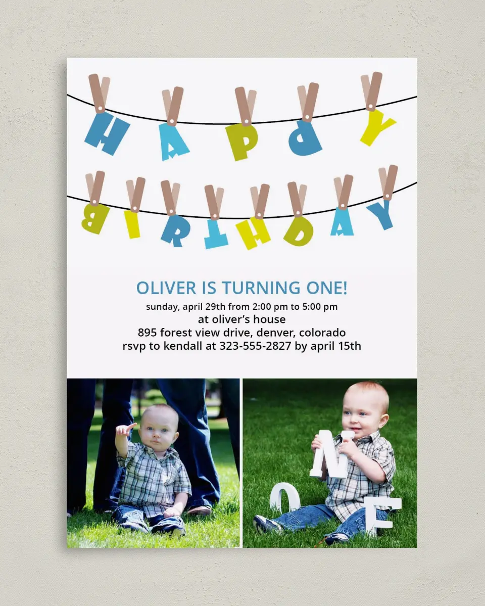 This is a 5" x 7" Birthday Party Invitation called Clothespin Birthday Tags printed in full color on Premium Smooth paper