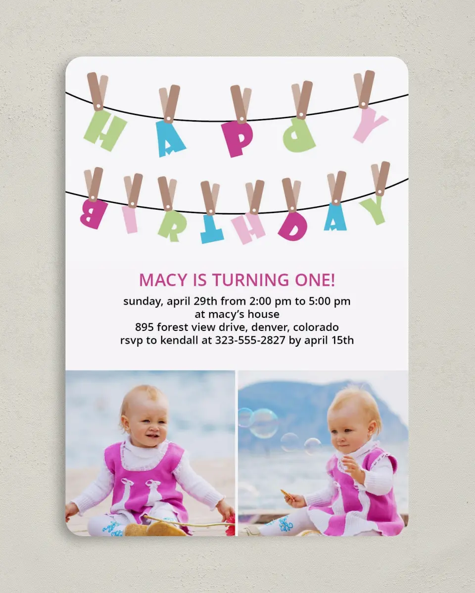 This is a 5" x 7" Birthday Party Invitation called Clothespin Cutie Pie printed in full color on Premium Smooth paper