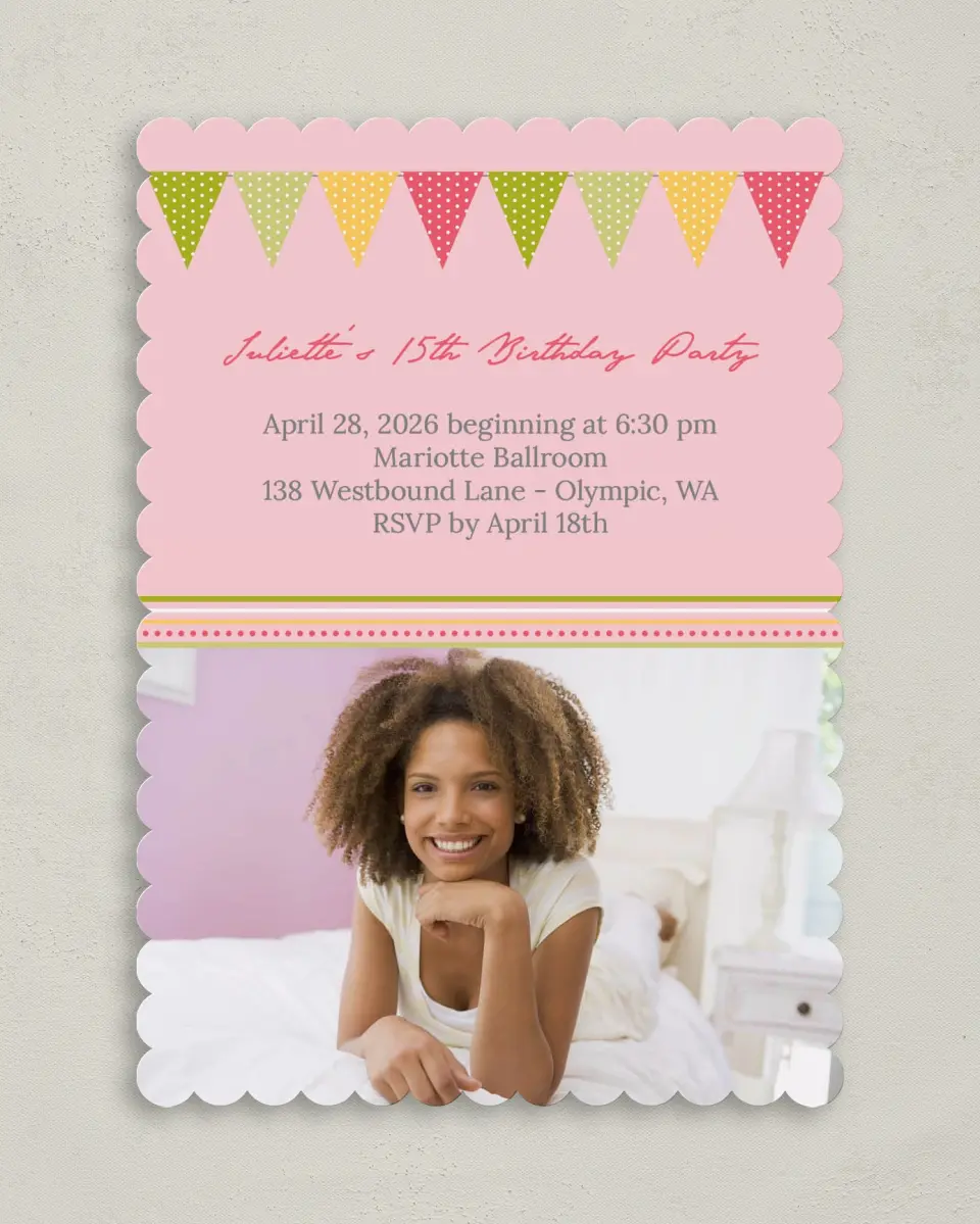 This is a 5" x 7" Birthday Party Invitation called Party Banner printed in full color on Premium Smooth paper