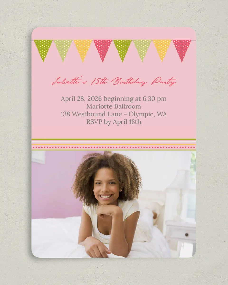 This is a 5" x 7" Birthday Party Invitation called Party Banner printed in full color on Premium Smooth paper