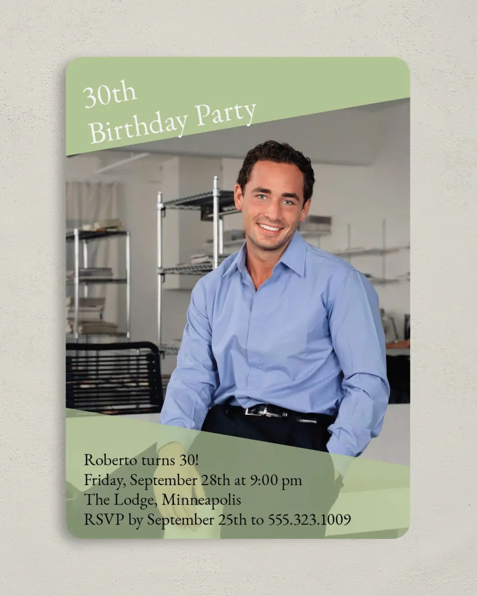This is a 5" x 7" Birthday Party Invitation called Turning Thirty printed in full color on Premium Smooth paper