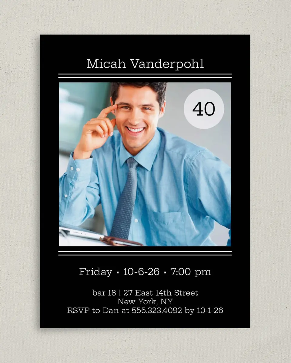 This is a 5" x 7" Birthday Party Invitation called Lordy, Look Who's 40! printed in full color on Premium Smooth paper