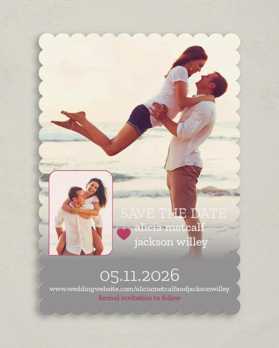 This is a 5" x 7" Save the Date Card called Snapshot Sweetness printed in full color on Premium Smooth paper