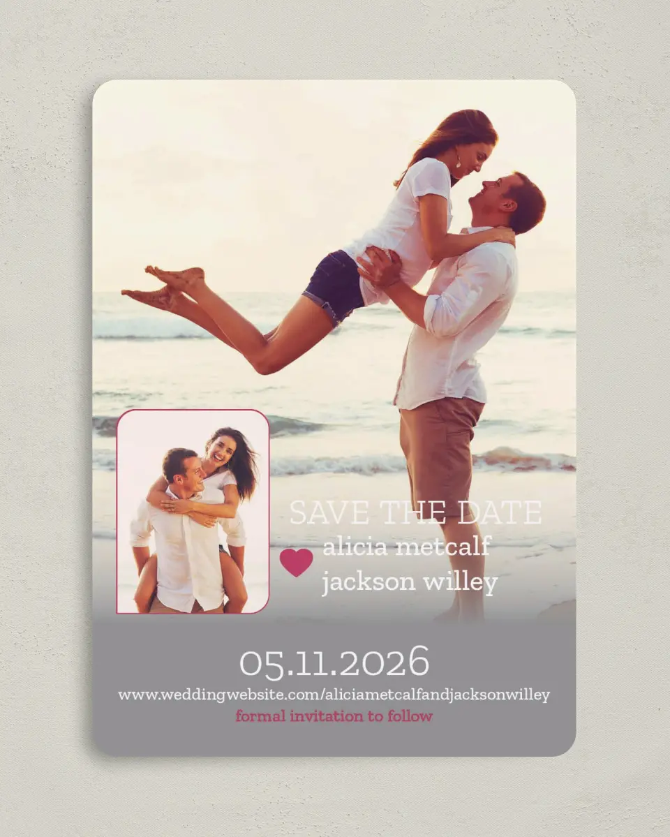 This is a 5" x 7" Save the Date Card called Snapshot Sweetness printed in full color on Premium Smooth paper