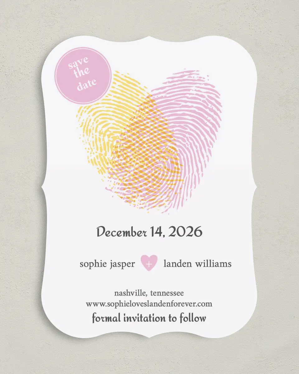 This is a 5" x 7" Save the Date Card called True Love's Thumbprint printed in full color on Premium Smooth paper