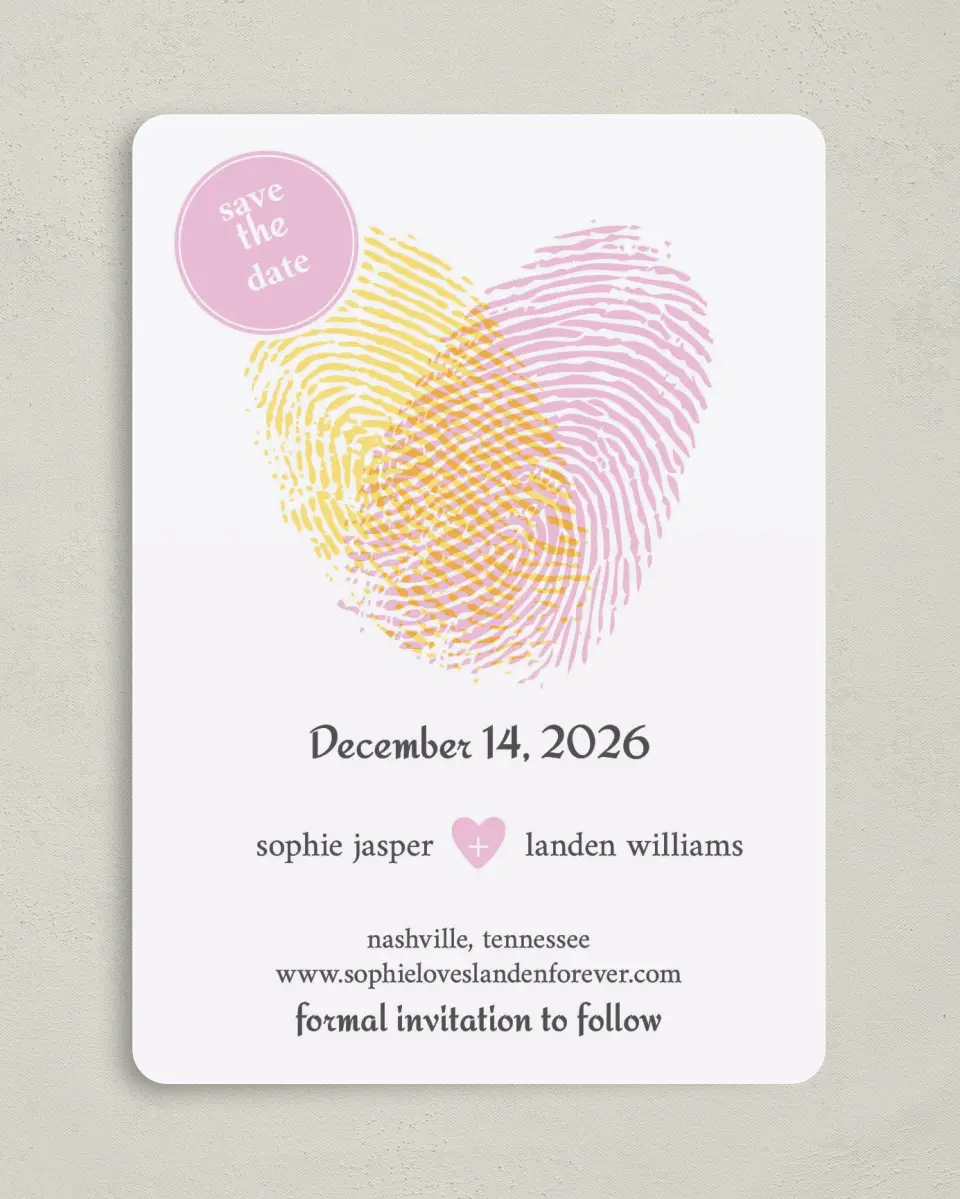 This is a 5" x 7" Save the Date Card called True Love's Thumbprint printed in full color on Premium Smooth paper