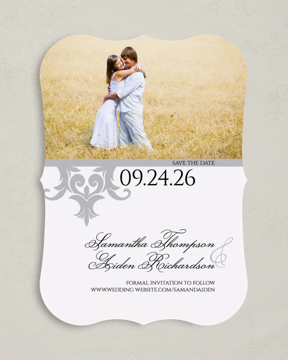 This is a 5" x 7" Save the Date Card called Damask Elegance printed in full color on Premium Smooth paper
