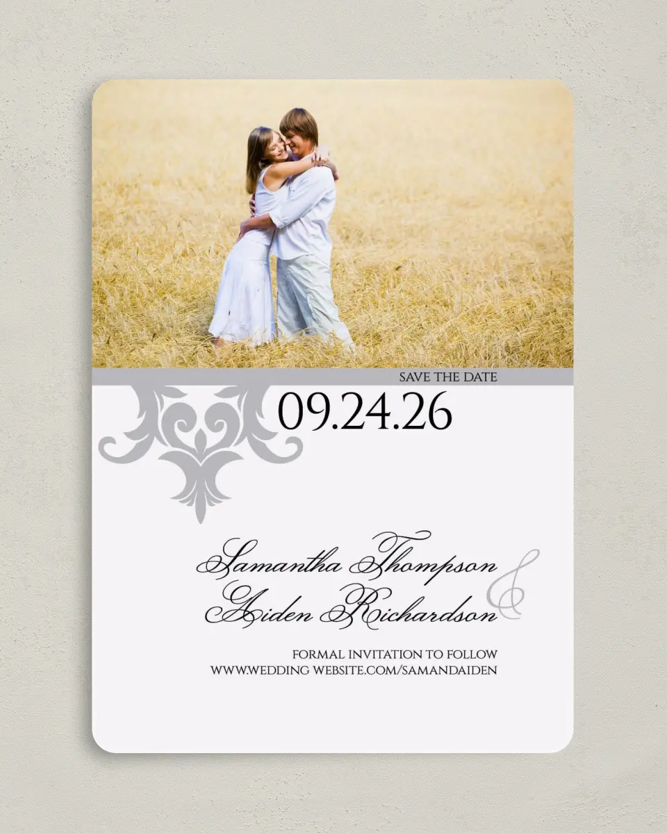 This is a 5" x 7" Save the Date Card called Damask Elegance printed in full color on Premium Smooth paper