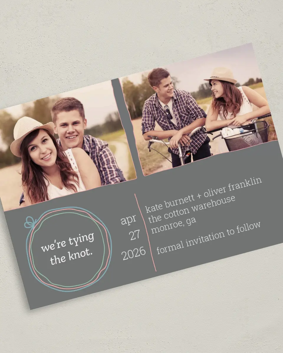 This is a 5" x 7" Save the Date Card called Simple Knot printed in full color on Premium Smooth paper