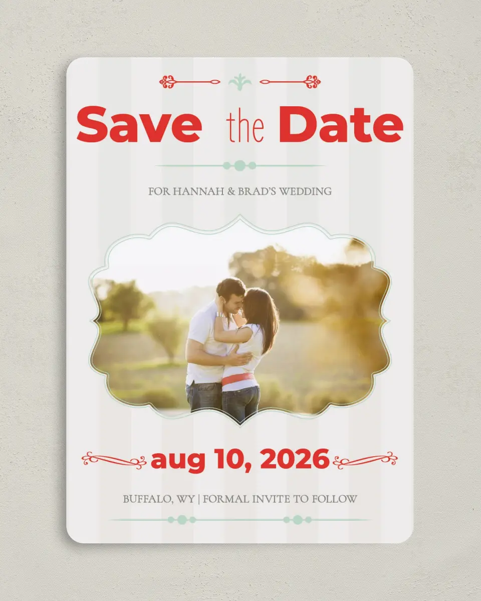 This is a 5" x 7" Save the Date Card called Carnival Crush printed in full color on Premium Smooth paper