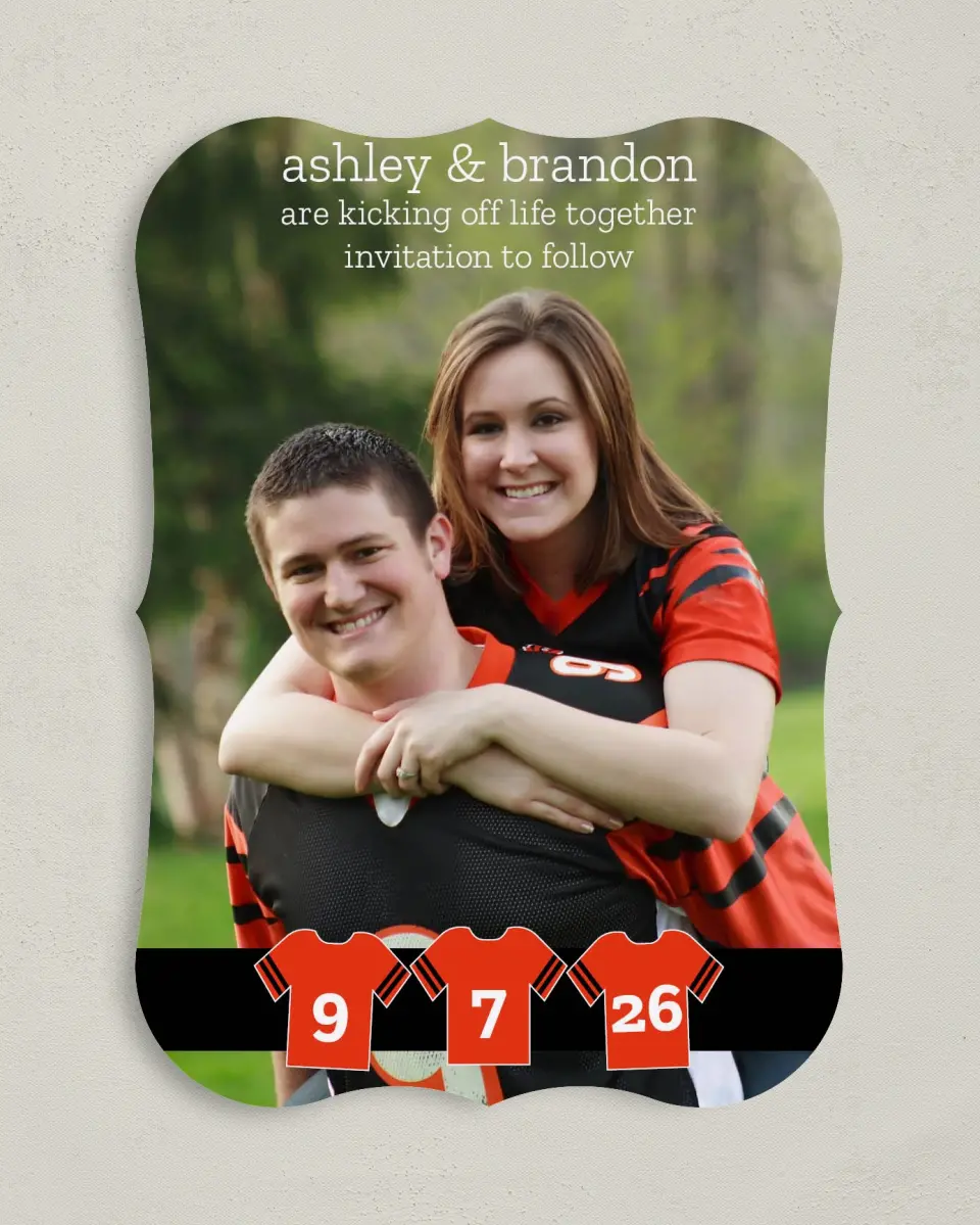This is a 5" x 7" Save the Date Card called Jerseys printed in full color on Premium Smooth paper