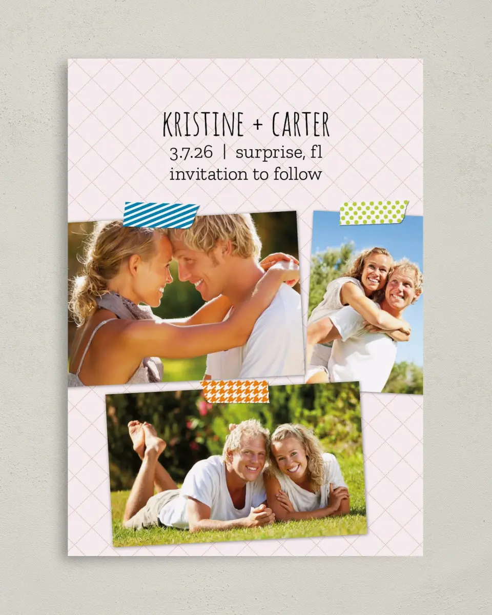 This is a 5" x 7" Save the Date Card called Washi Photo Collection printed in full color on Premium Smooth paper