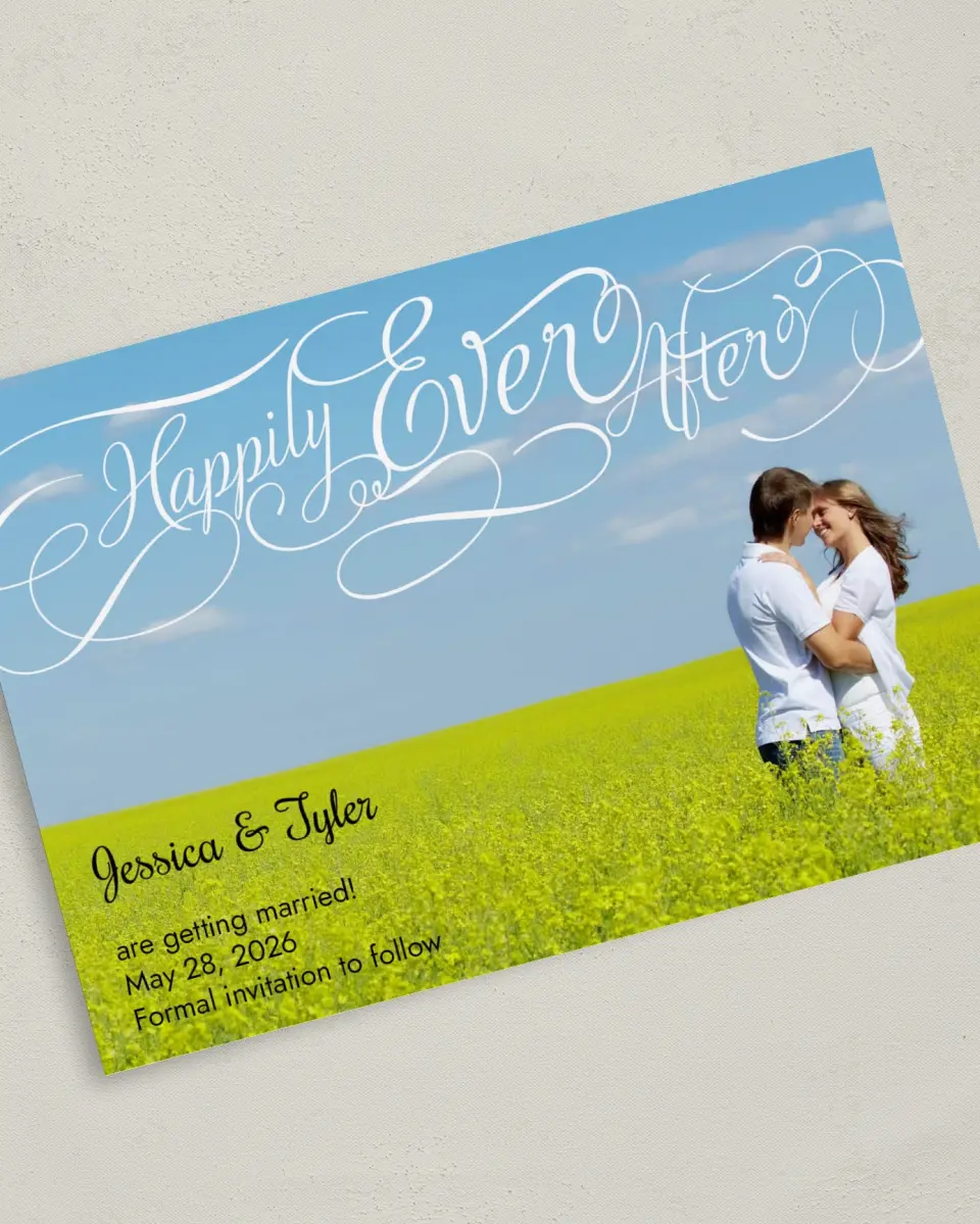 This is a 5" x 7" Save the Date Card called Happily Ever After printed in full color on Premium Smooth paper