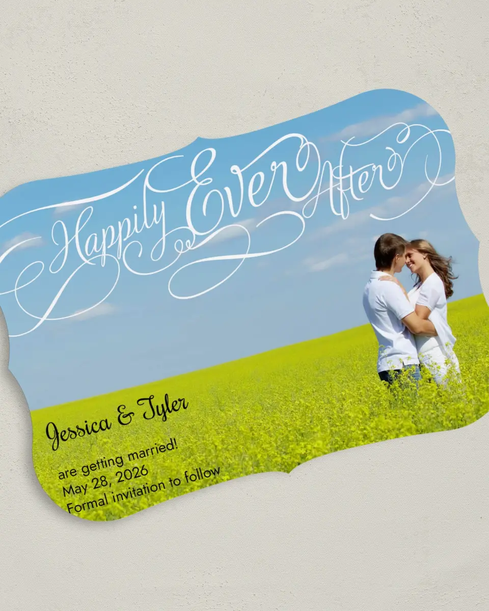 This is a 5" x 7" Save the Date Card called Happily Ever After printed in full color on Premium Smooth paper