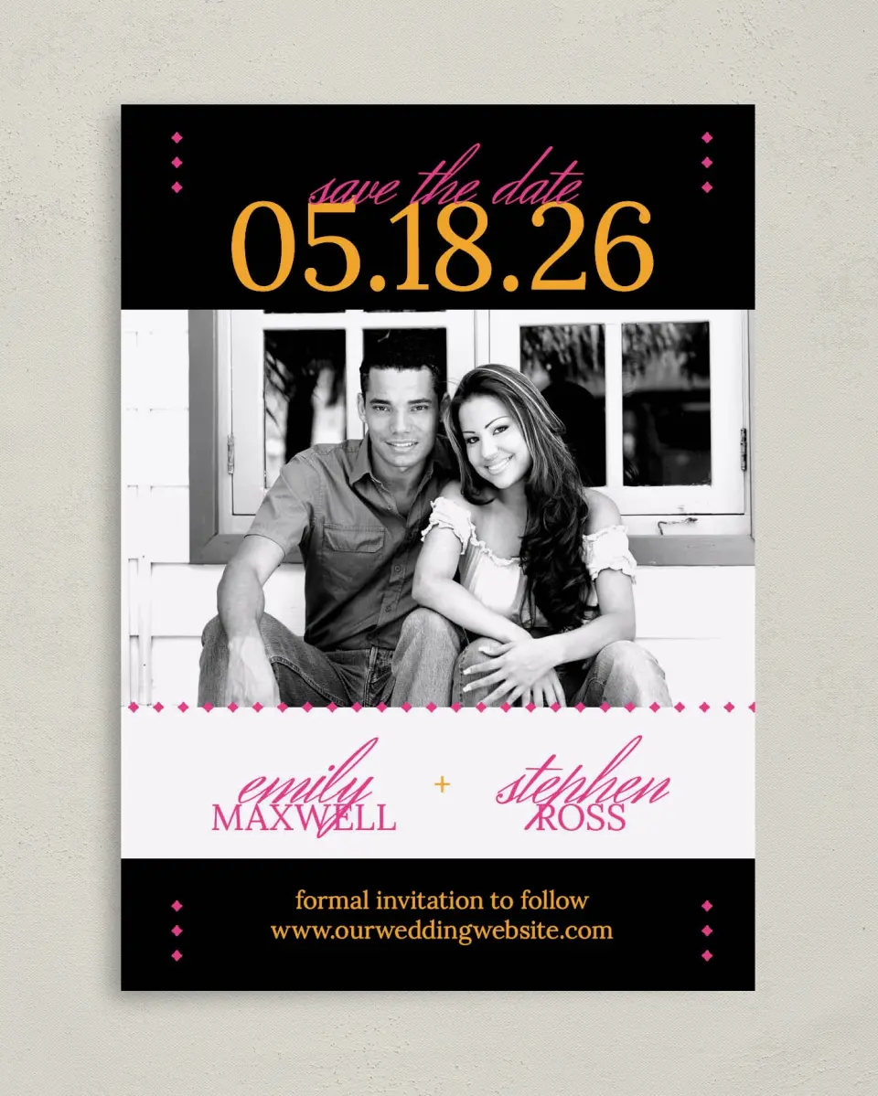 This is a 5" x 7" Save the Date Card called Diamond Date printed in full color on Premium Smooth paper