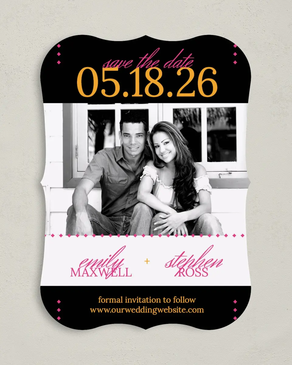 This is a 5" x 7" Save the Date Card called Diamond Date printed in full color on Premium Smooth paper