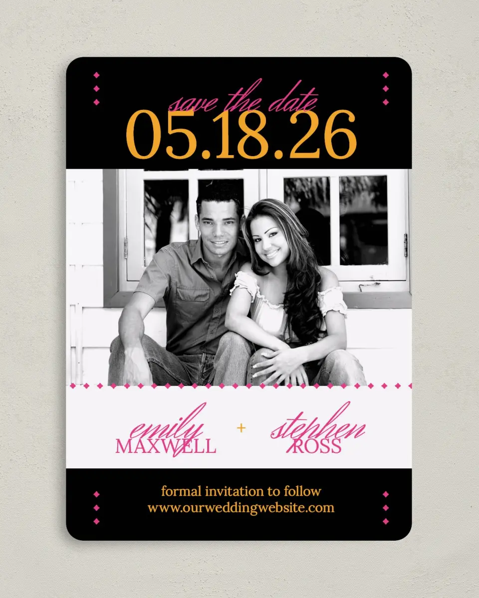 This is a 5" x 7" Save the Date Card called Diamond Date printed in full color on Premium Smooth paper
