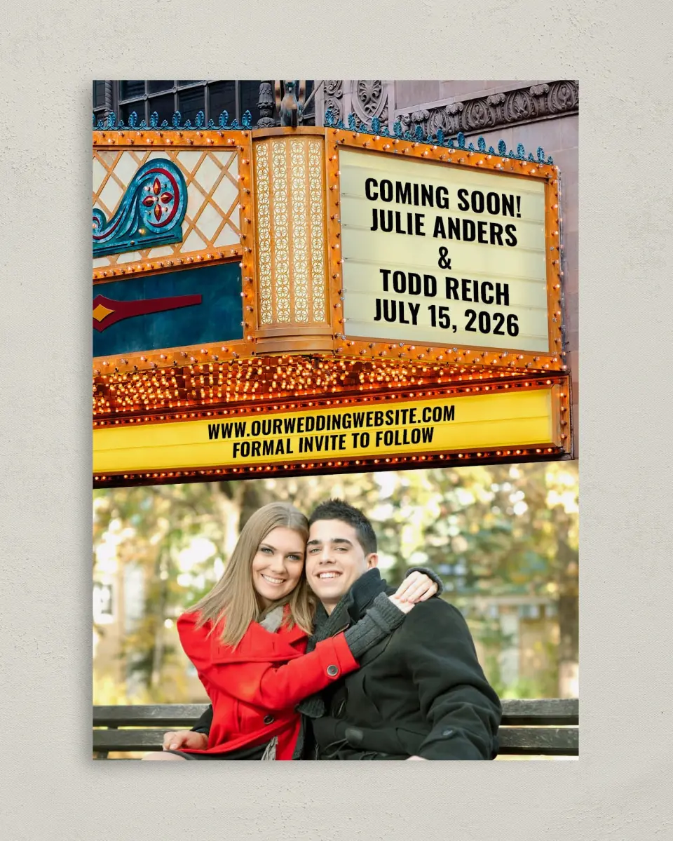 This is a 5" x 7" Save the Date Card called Marquee Theater printed in full color on Premium Smooth paper