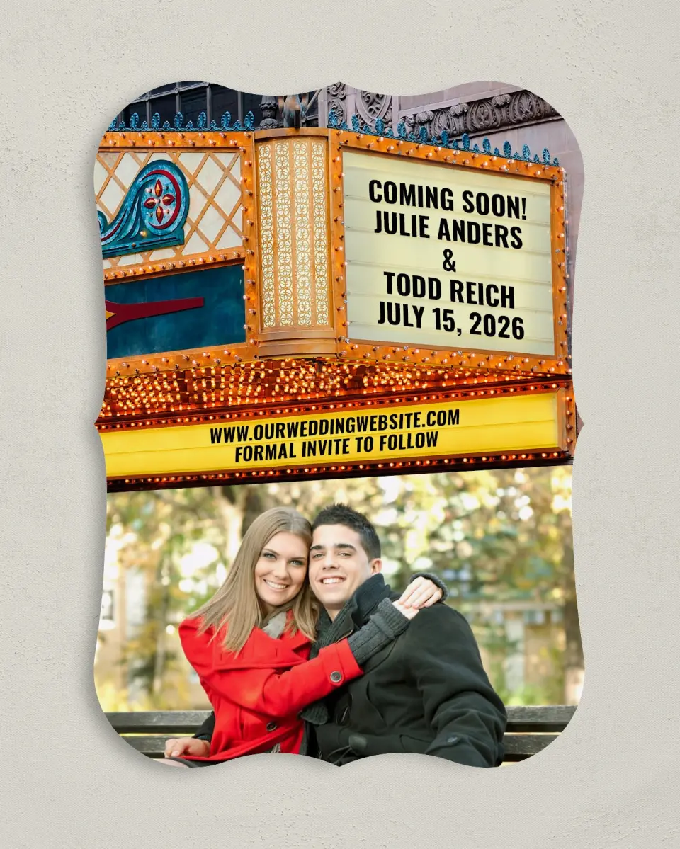 This is a 5" x 7" Save the Date Card called Marquee Theater printed in full color on Premium Smooth paper