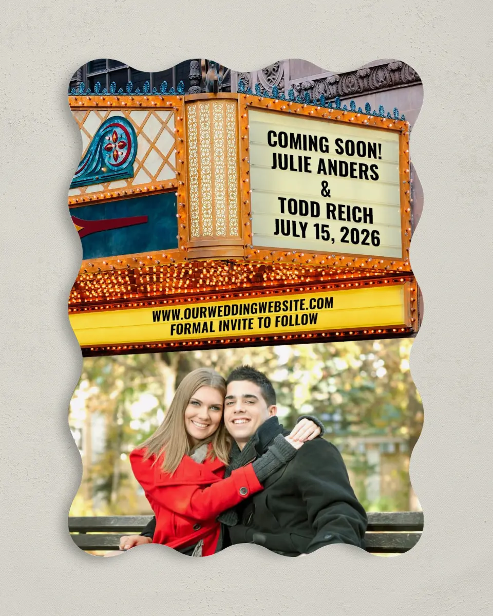 This is a 5" x 7" Save the Date Card called Marquee Theater printed in full color on Premium Smooth paper