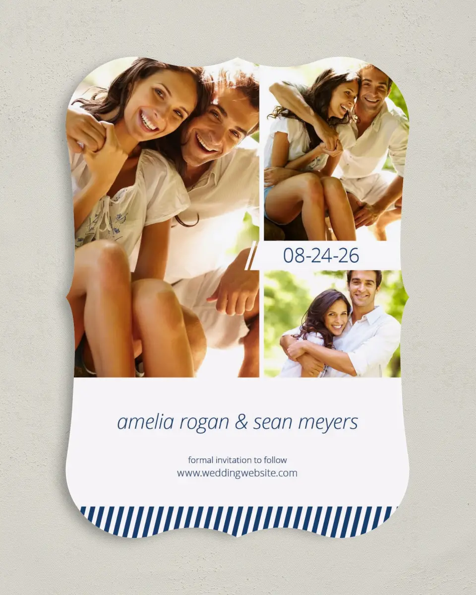 This is a 5" x 7" Save the Date Card called Hidden Stripe printed in full color on Premium Smooth paper