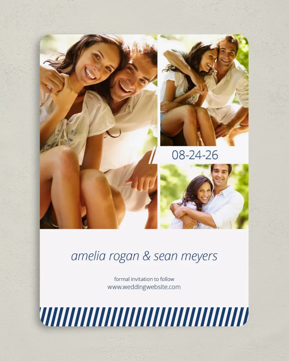 This is a 5" x 7" Save the Date Card called Hidden Stripe printed in full color on Premium Smooth paper