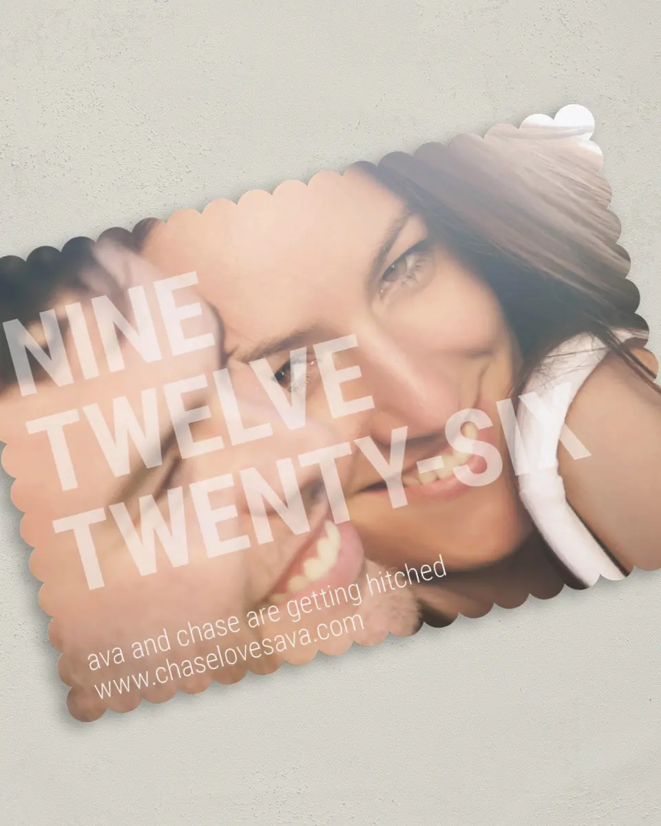 This is a 5" x 7" Save the Date Card called See Through Love printed in full color on Premium Smooth paper