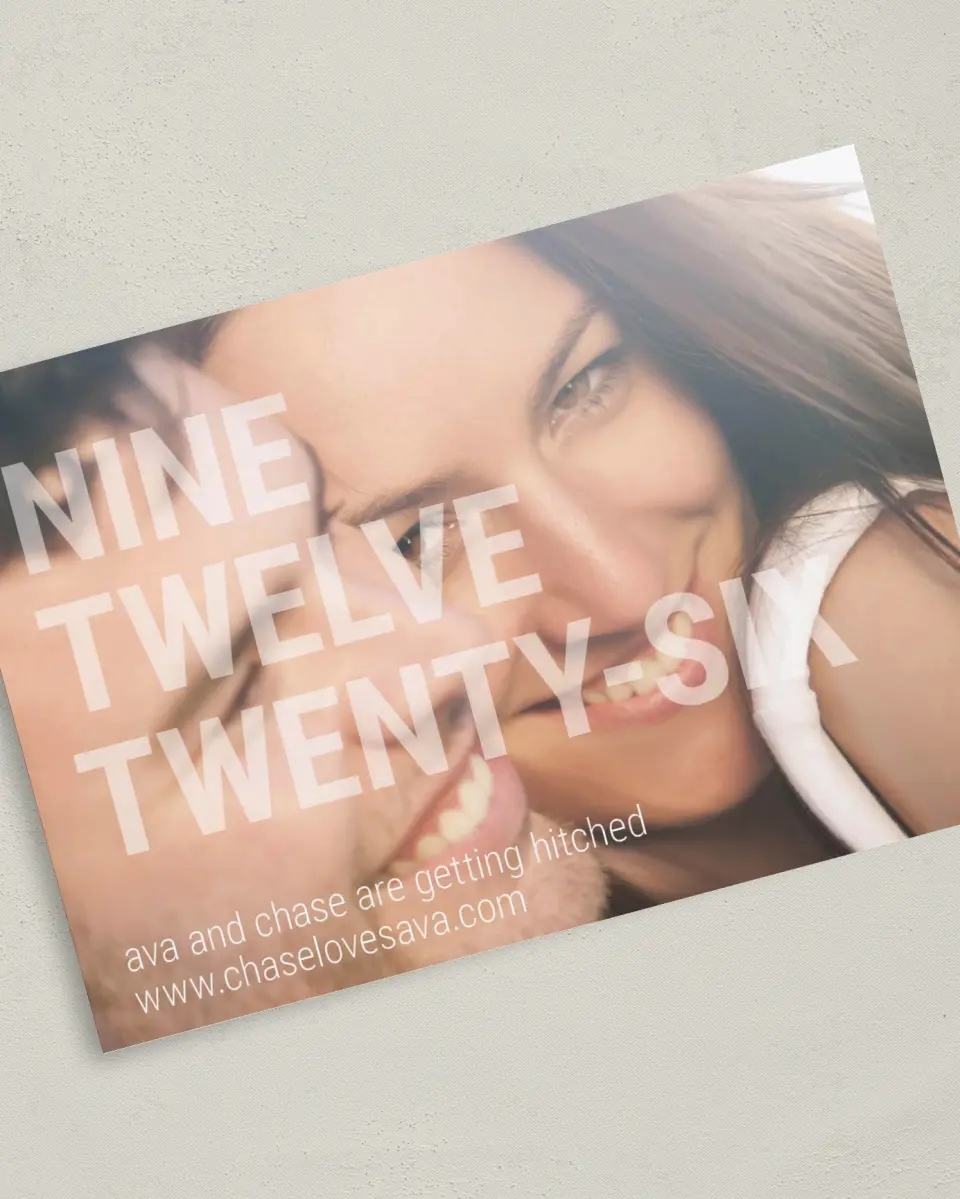 This is a 5" x 7" Save the Date Card called See Through Love printed in full color on Premium Smooth paper