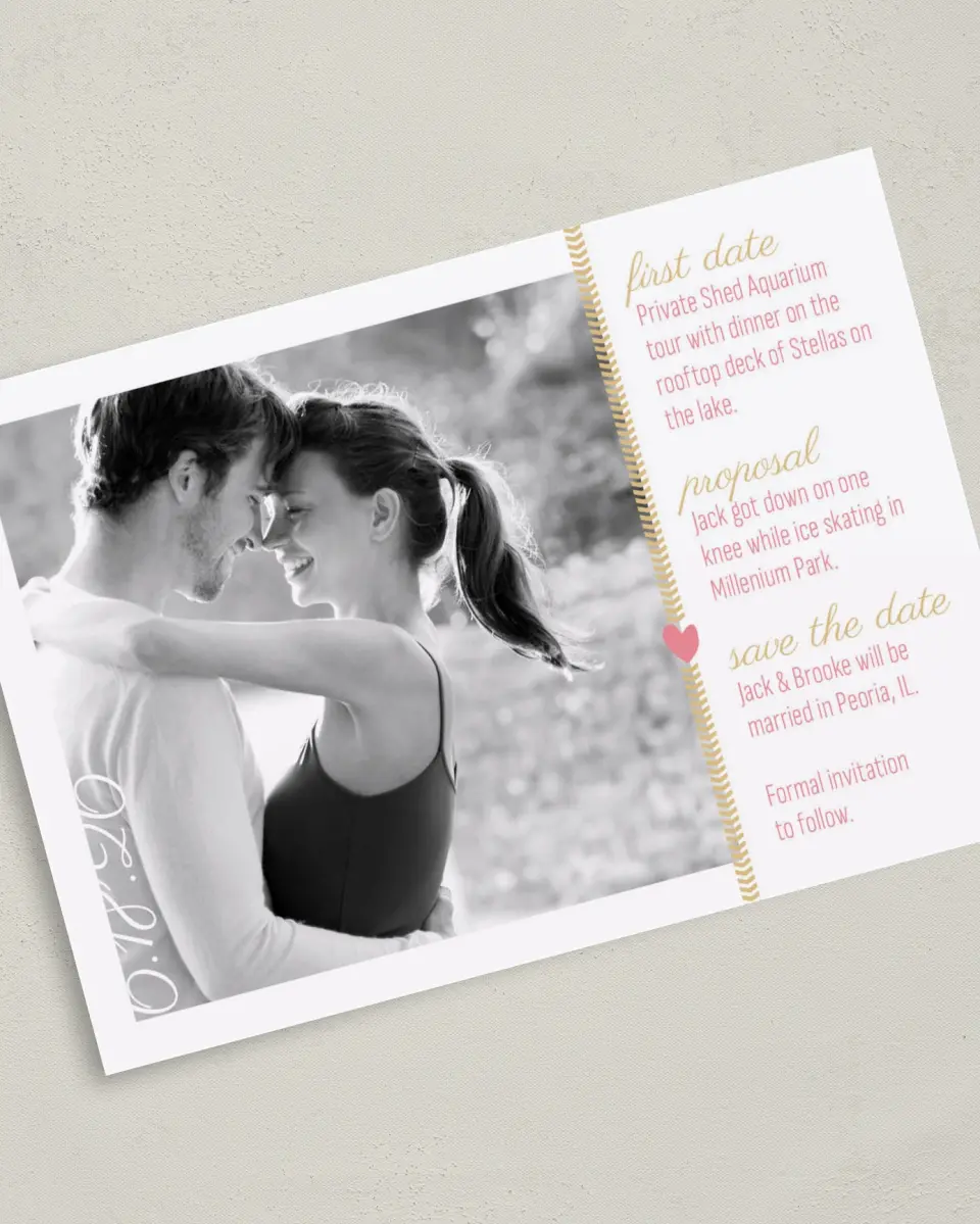 This is a 5" x 7" Save the Date Card called Story of Us printed in full color on Premium Smooth paper