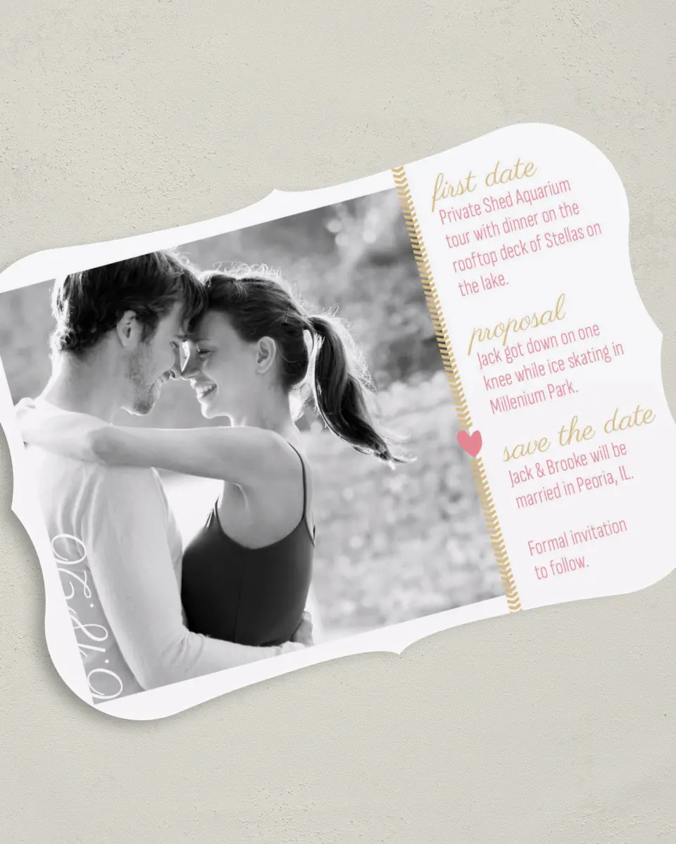 This is a 5" x 7" Save the Date Card called Story of Us printed in full color on Premium Smooth paper