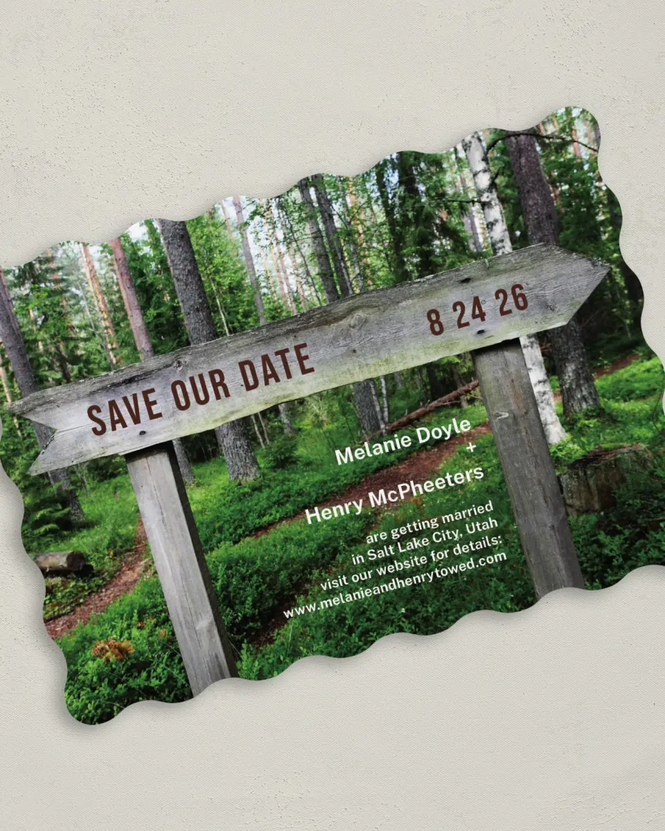 This is a 5" x 7" Save the Date Card called Wooden Sign printed in full color on Premium Smooth paper
