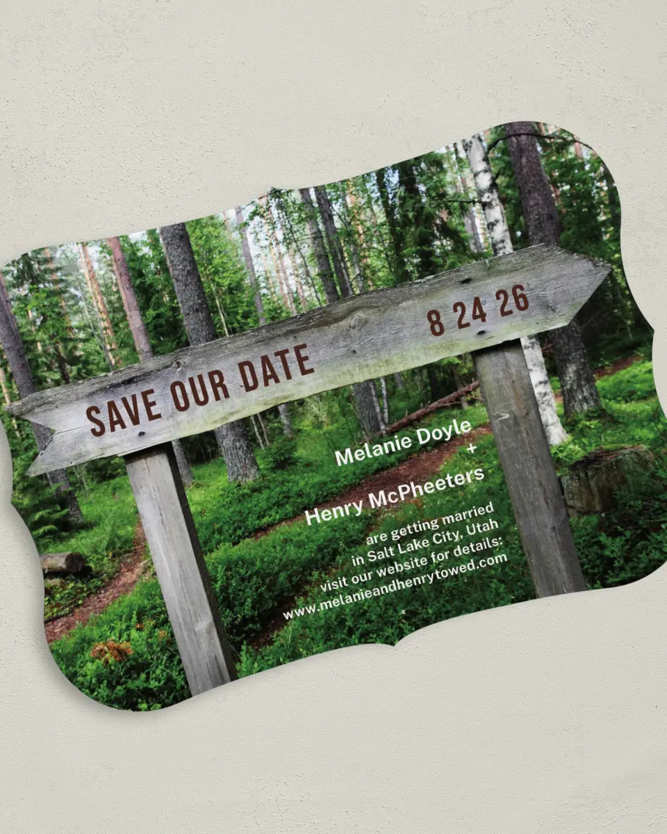This is a 5" x 7" Save the Date Card called Wooden Sign printed in full color on Premium Smooth paper