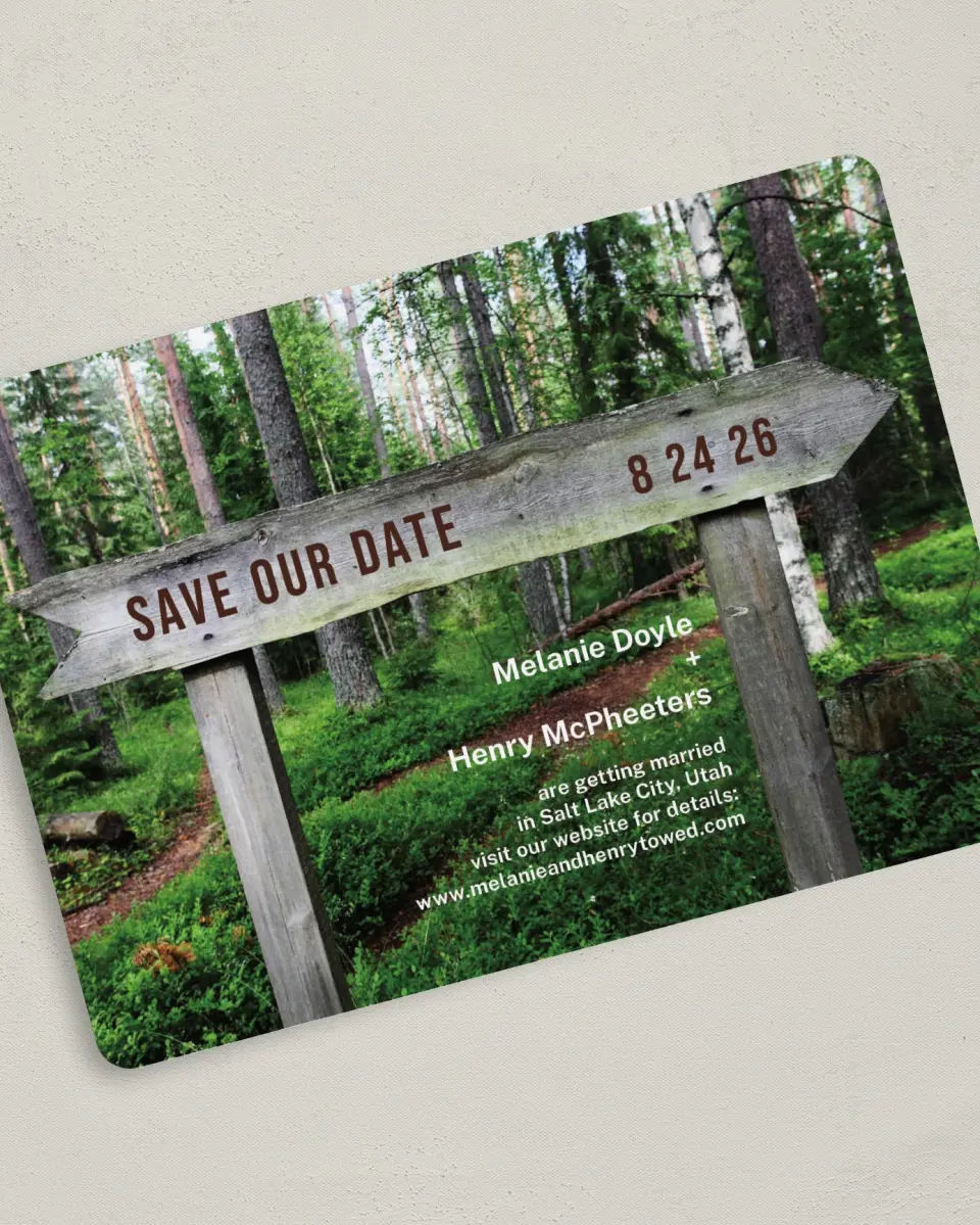 This is a 5" x 7" Save the Date Card called Wooden Sign printed in full color on Premium Smooth paper