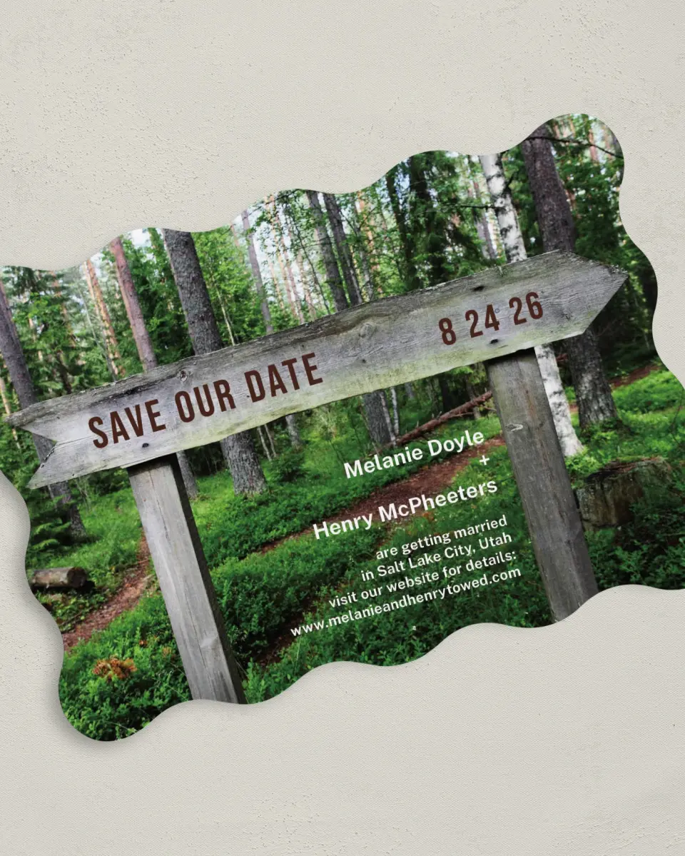 This is a 5" x 7" Save the Date Card called Wooden Sign printed in full color on Premium Smooth paper