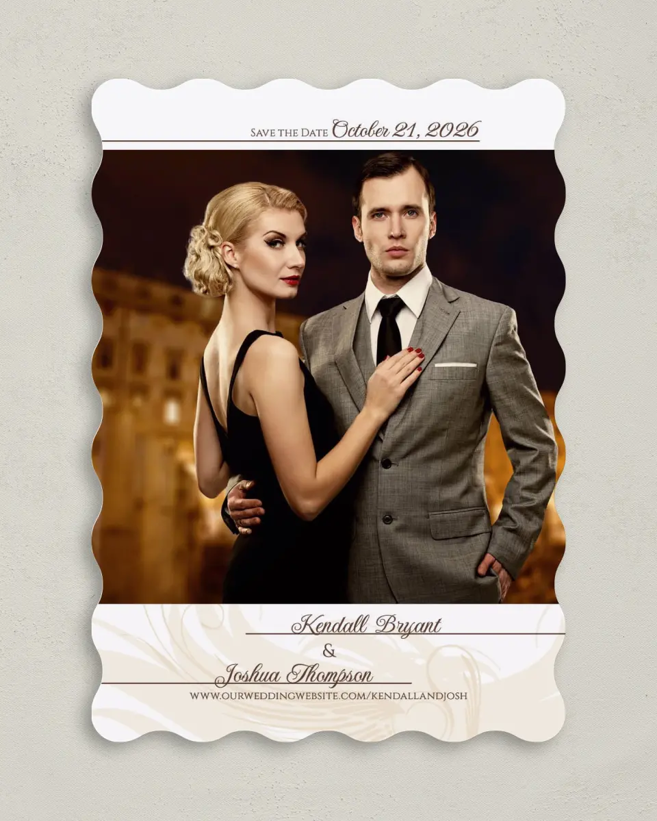 This is a 5" x 7" Save the Date Card called Whispering Feather printed in full color on Premium Smooth paper