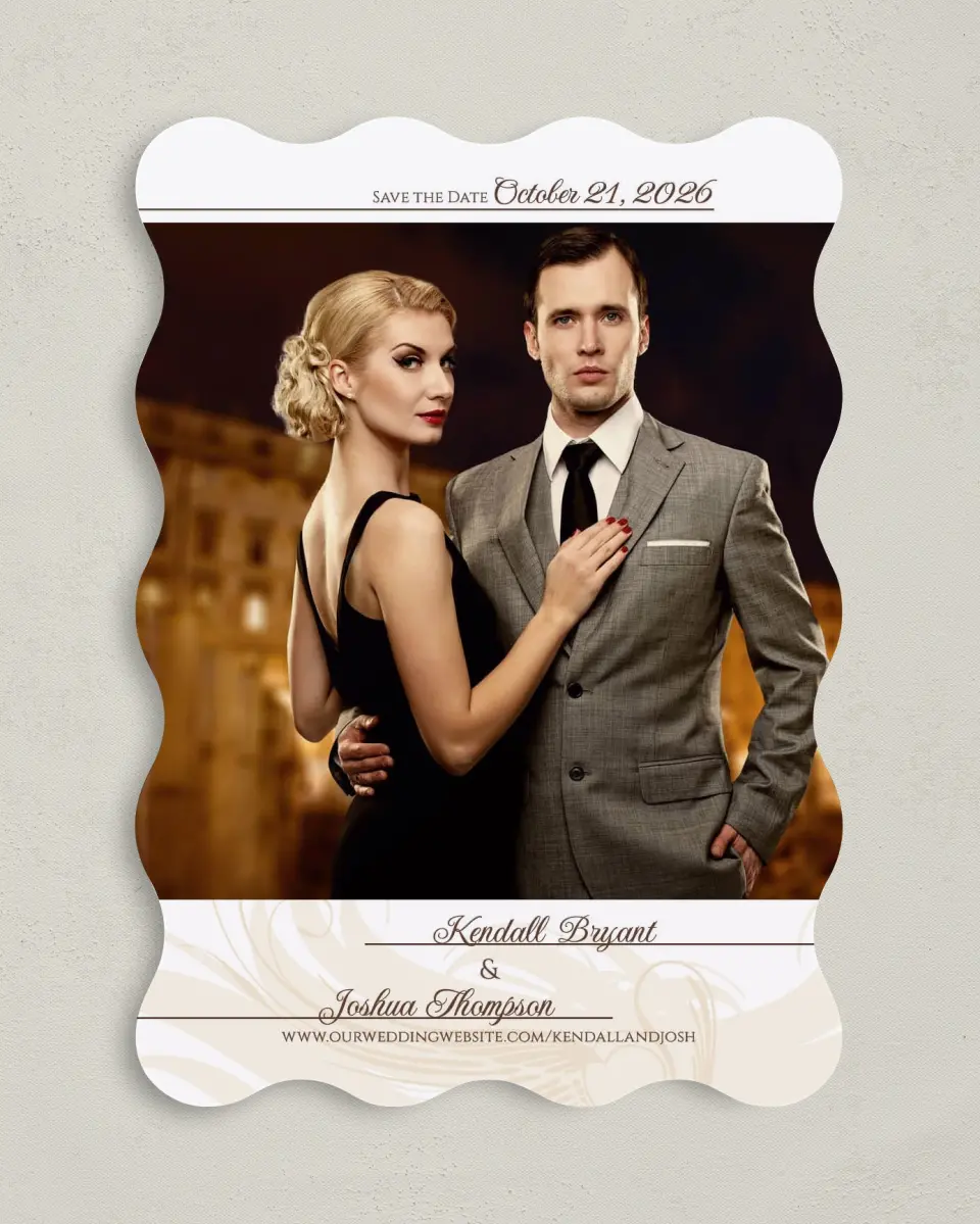 This is a 5" x 7" Save the Date Card called Whispering Feather printed in full color on Premium Smooth paper