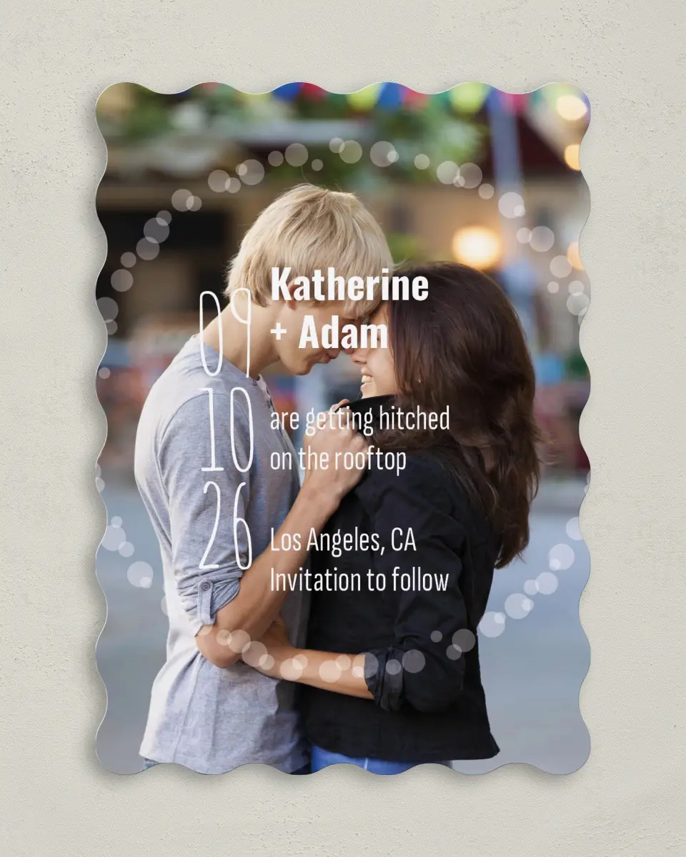 This is a 5" x 7" Save the Date Card called Rooftop Party printed in full color on Premium Smooth paper