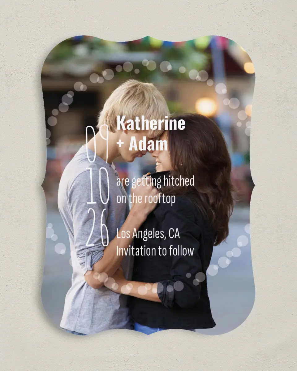 This is a 5" x 7" Save the Date Card called Rooftop Party printed in full color on Premium Smooth paper